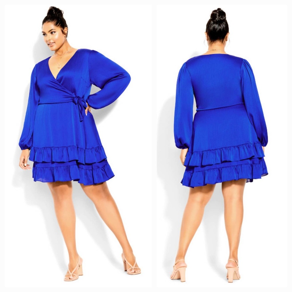 City Chic Arya Mini Dress Ruffle Layered Hem Long Sleeve Cobalt Plus Size 20 NWT